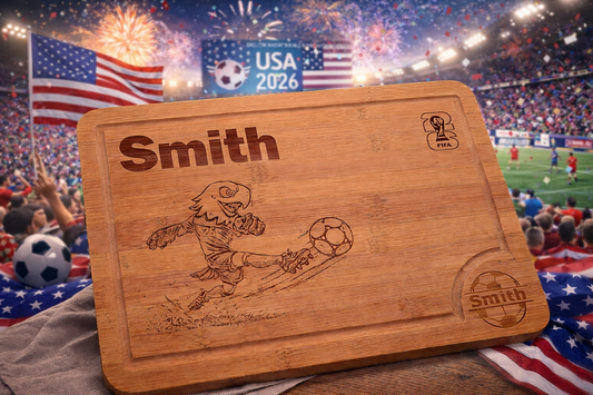 Wooden cutting board with 'Smith' engraving and soccer design, set against a sports event background.