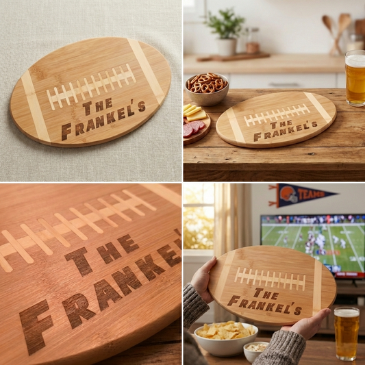 Wooden football-shaped cutting board with 'The Frankel's' engraving, shown in various settings.