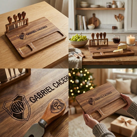Collage of a wooden cutting board with engraved design and text, used in various settings.