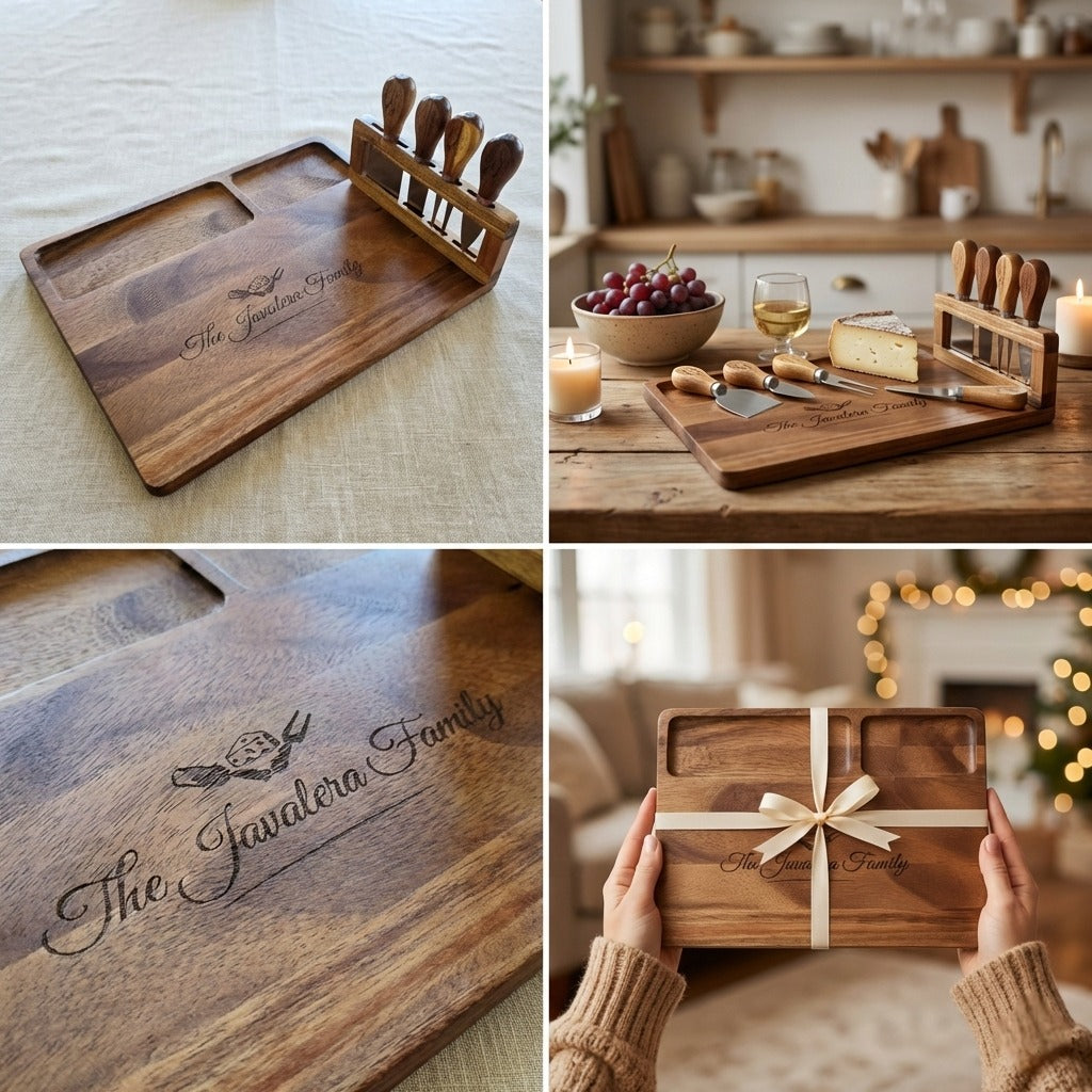 Wooden cutting board set with engraved 'The Familia' branding, used in a kitchen setting.