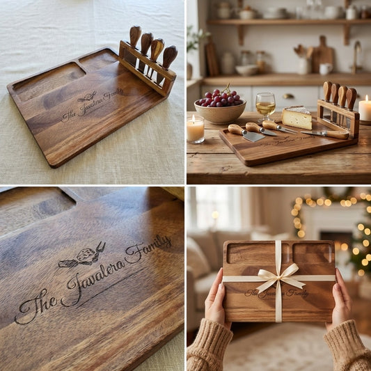 Wooden cutting board set with engraved 'The Familia' branding, used in a kitchen setting.