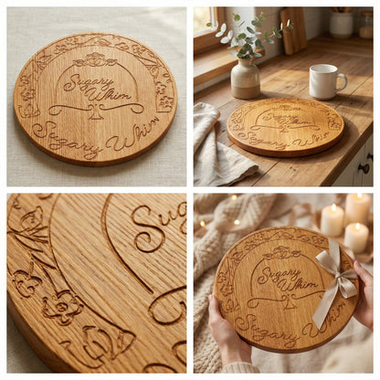 Wooden cutting board with engraved text, shown in various settings.