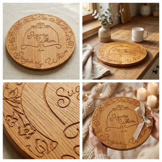 Wooden cutting board with engraved text, shown in various settings.