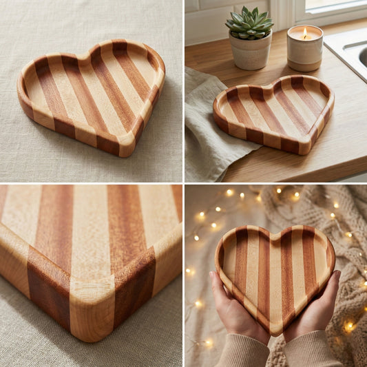 Heart-shaped wooden tray shown in various settings with a neutral background.