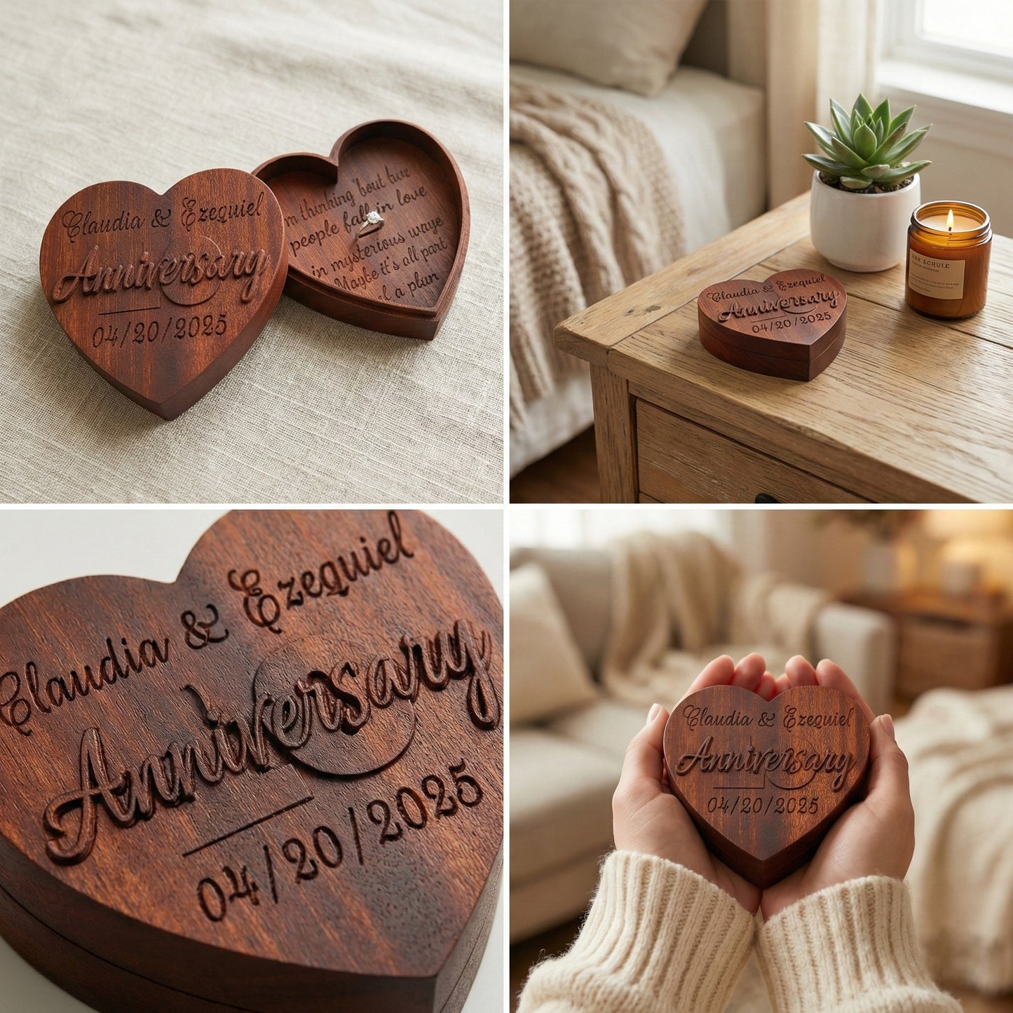 Wooden heart-shaped anniversary box with engraved text, shown in various settings.