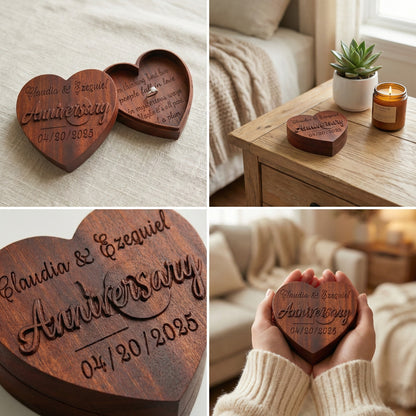 Wooden heart-shaped anniversary box with engraved text, shown in various settings.