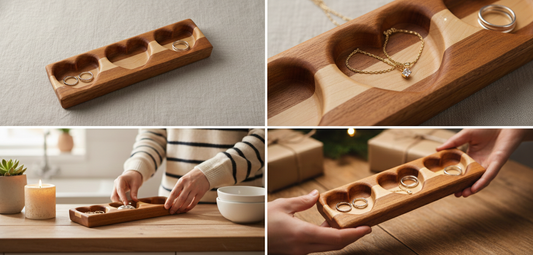 Wooden jewelry organizer with heart-shaped compartments on a neutral background.