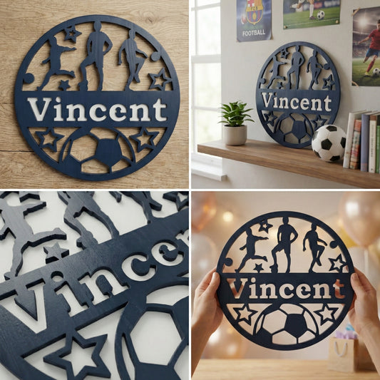 Decorative wall art with 'Vincent' and sports-themed cutouts in various settings.