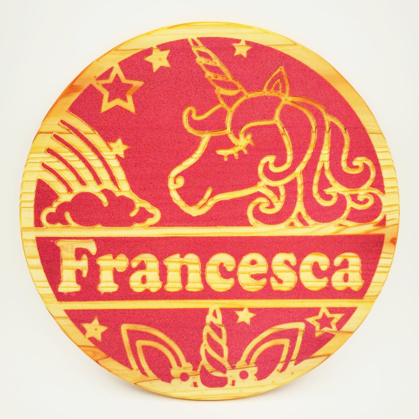 Circular logo with a unicorn design and the name 'Francesca' on a red background.