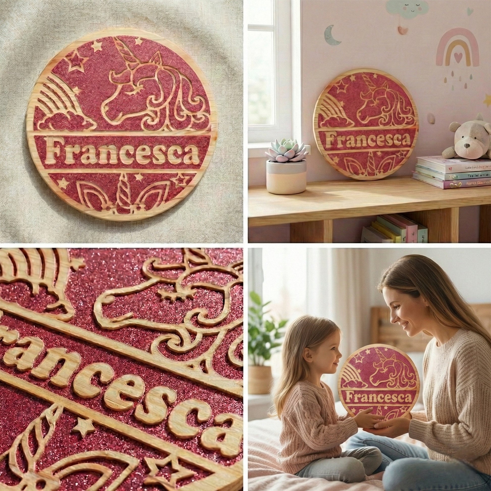 Personalized wooden disc with unicorn design and name 'Francesca' in a child's room.
