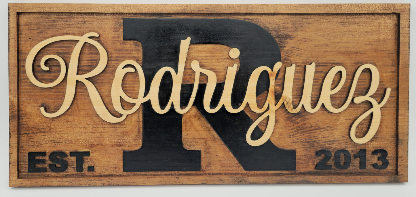 Wooden sign with 'Rodriguez' and establishment year on a white background