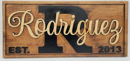 Wooden sign with 'Rodriguez' and establishment year on a white background
