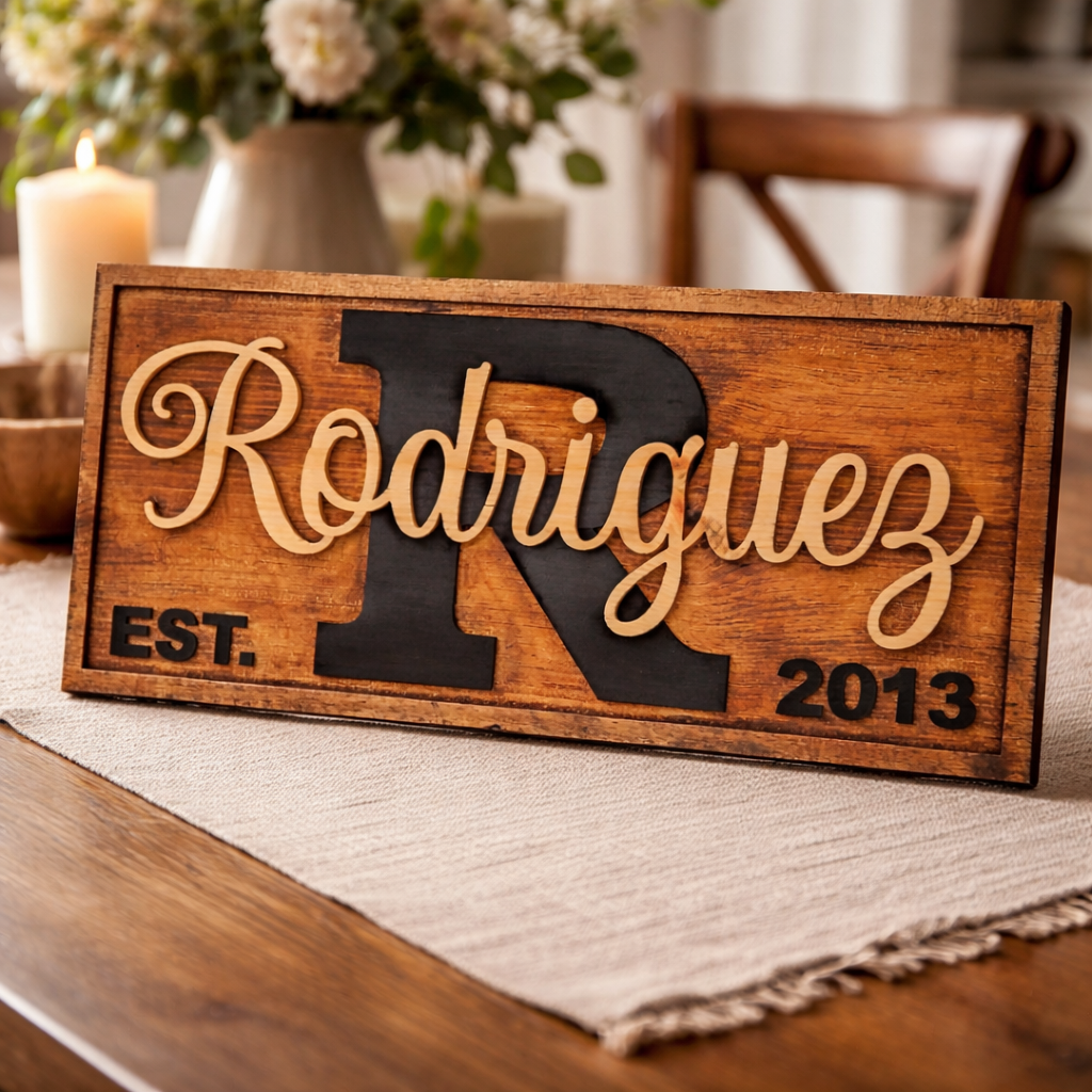 Wooden sign with 'Rodriguez' and 'EST. 2013' on a table with a blurred background