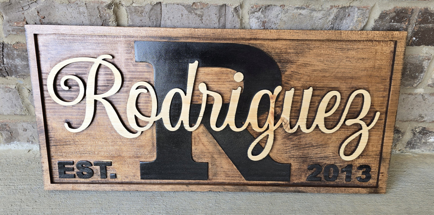 Wooden sign with 'Rodriguez' and 'R' design against a brick wall background
