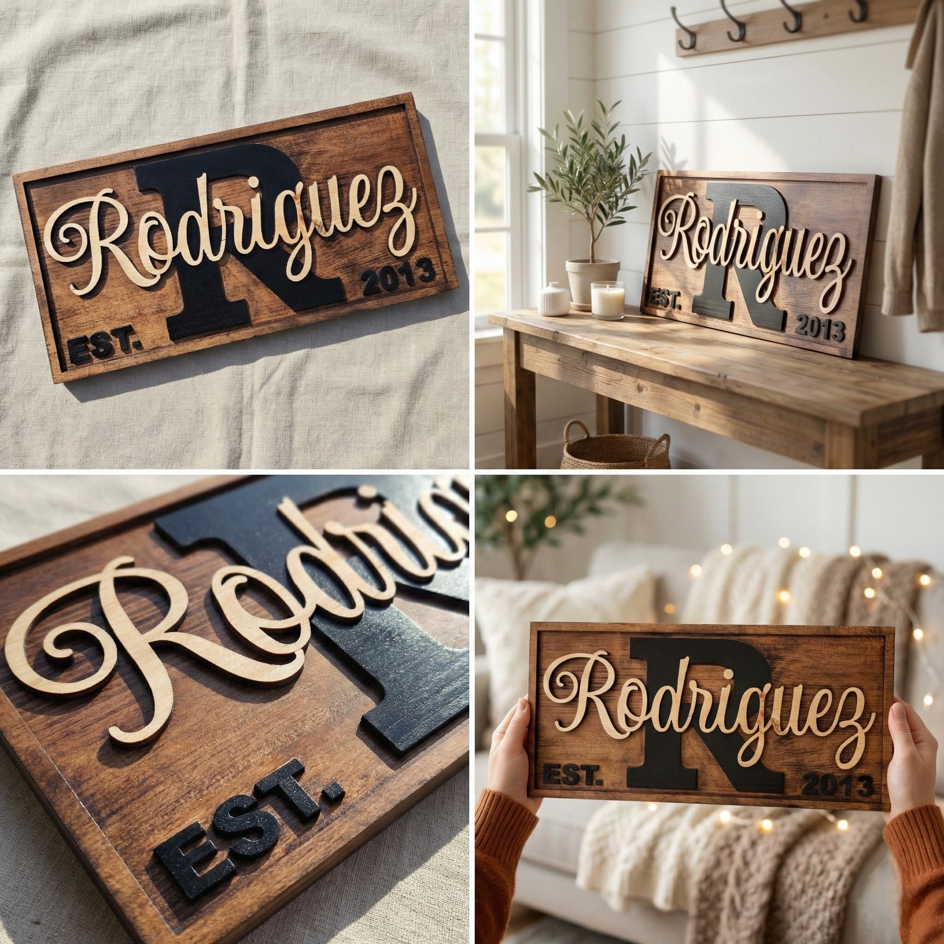Wooden sign with 'Rodriguez' and 'R' design, shown in various settings.