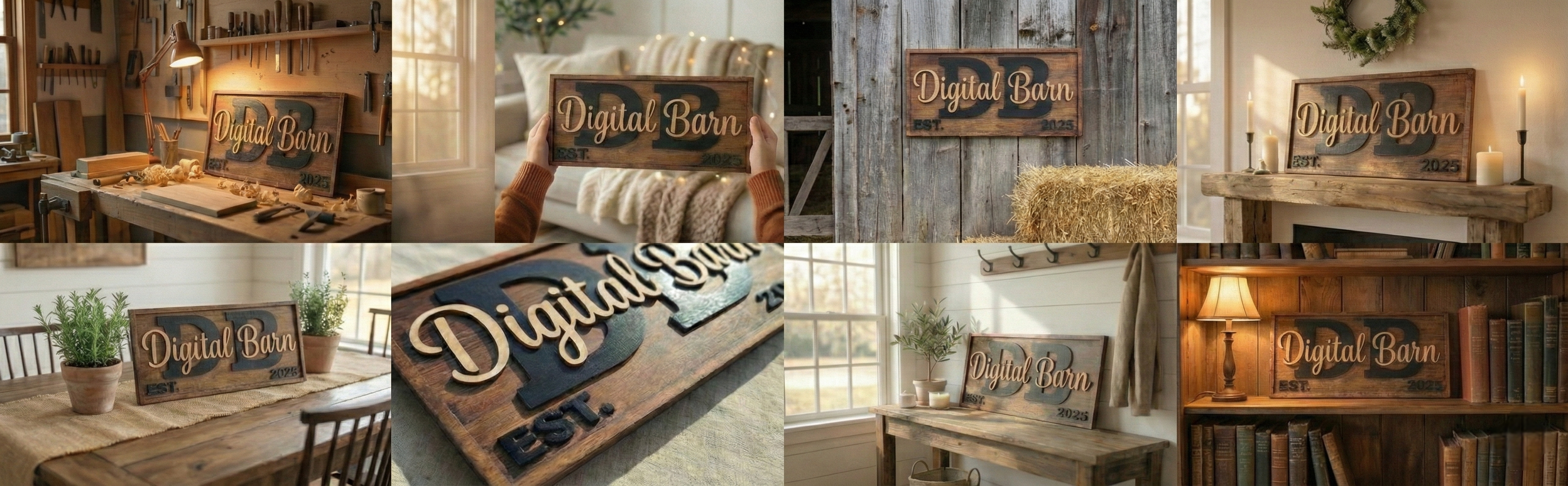 Collage of wooden signs with 'Digital Barn' branding in various settings.