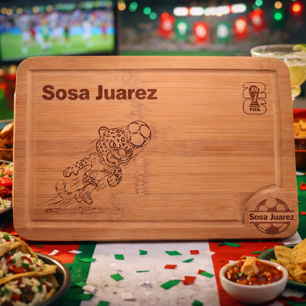 Wooden cutting board with 'Sosa Juarez' branding and a leopard design, set against a festive background with food and decorations.