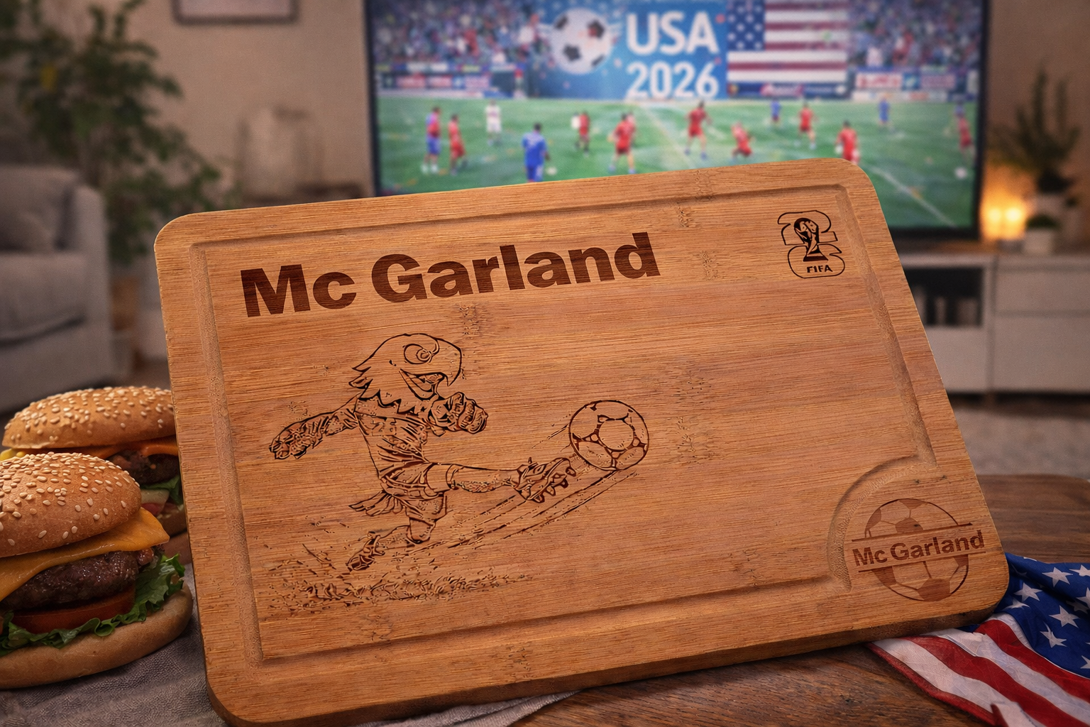 Wooden cutting board with laser engraving of a soccer player and 'McGarland' branding, placed on a table with food and a TV in the background.